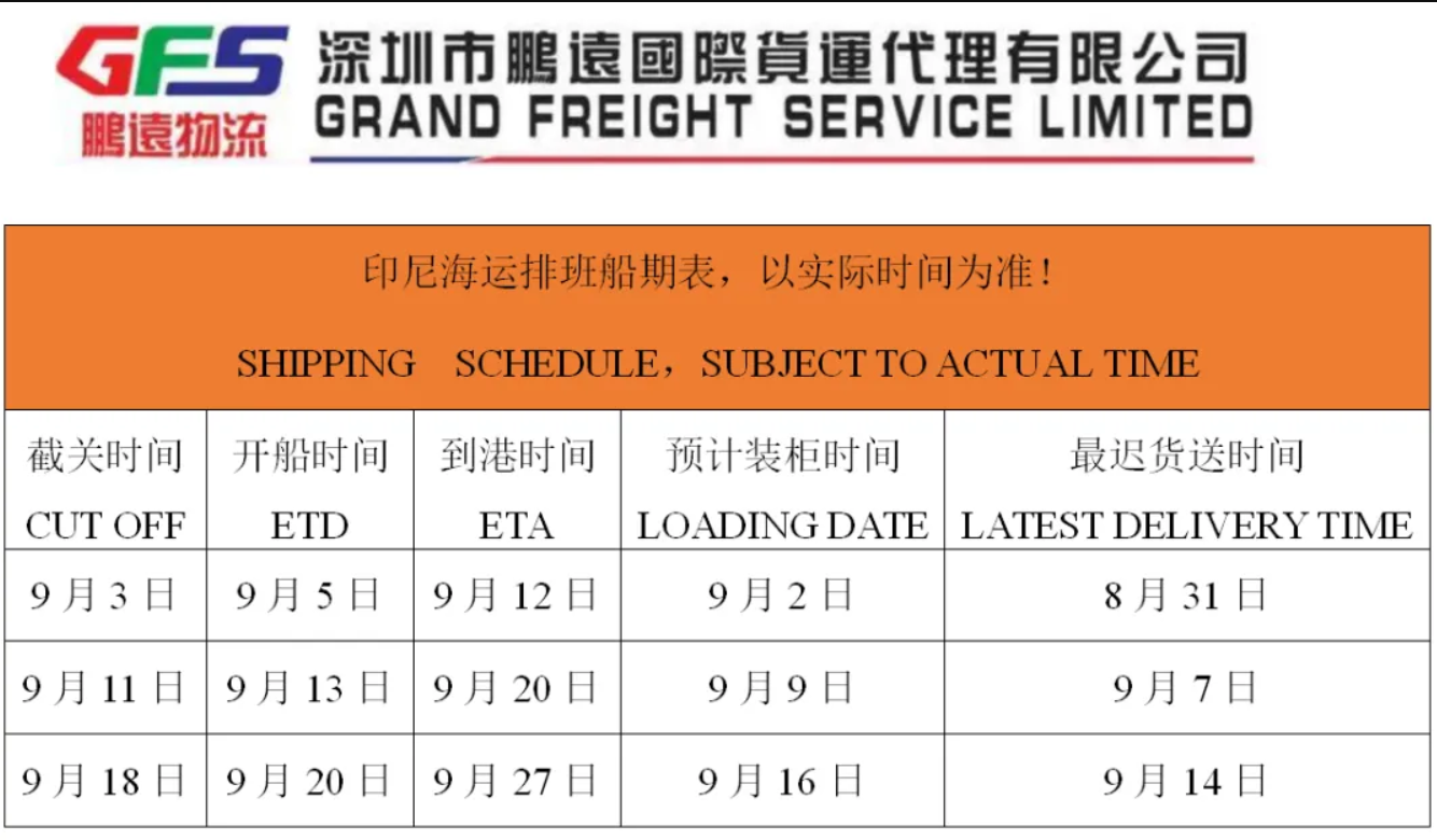 印尼9月上中旬船期