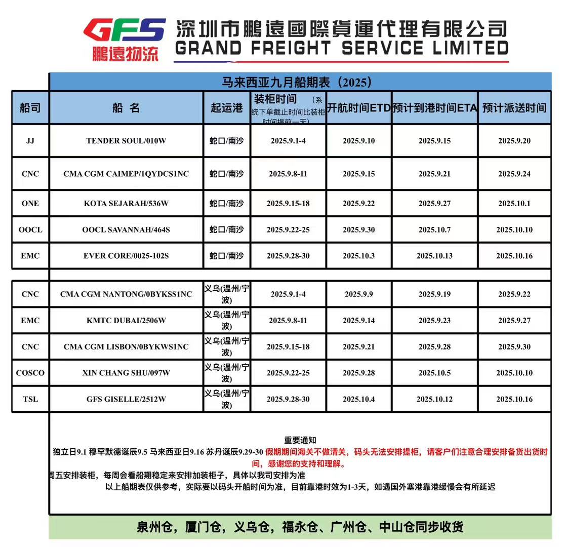 马来西亚9月船期