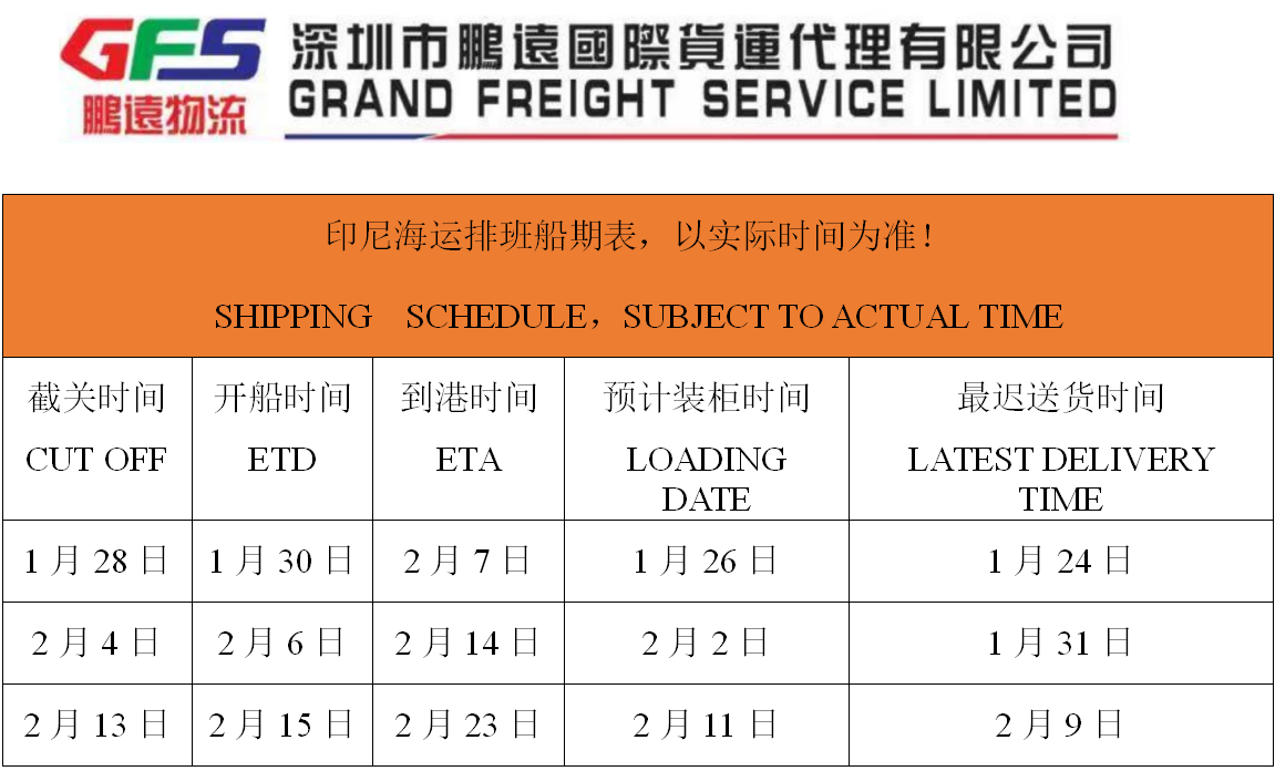 跨境出海东南亚 | GFS深圳鹏远，印尼海运物流专线，1月24日至2月9日船期表