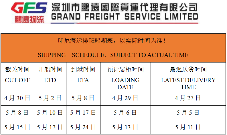跨境出海东南亚 | GFS深圳鹏远，印尼海运物流专线，4月25日至5月11日船期表